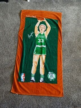 Vintage Larry Bird Celtics Graphic Beach Towel - Green & Orange